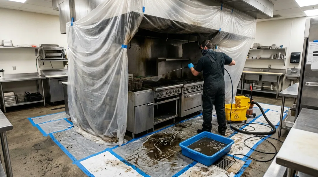 Cooking equipment tented in plastic, floors protected, and wash water captured — Billings, MT