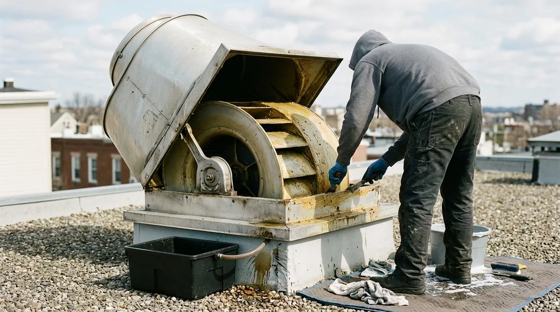 Fan hinged back or lifted off, housing, blades, and fan curb scraped and washed — Billings, MT