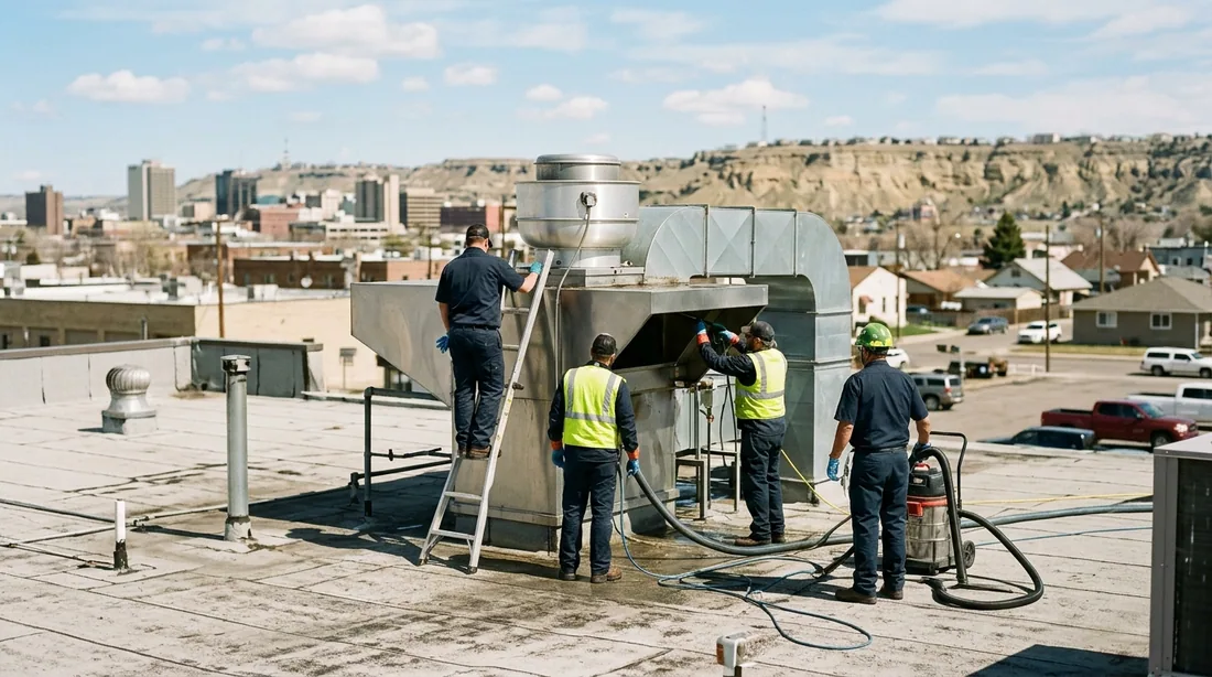 A small professional crew working on a hood cleaning job at a property, seen from behind and at a — Billings, MT